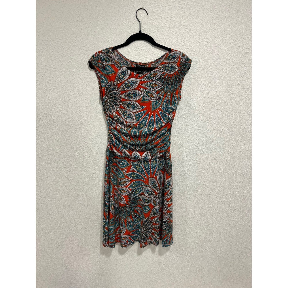 Infocus Women Red Teal Paisley Ruched Waist Cap Sleeve Sheath Dress Small